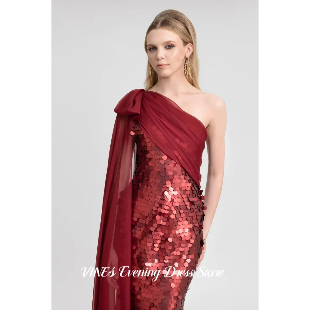VINES Burgundy One-Shoulder Prom Dress Sequin Mermaid Evening Dress with Chiffon Drape Floor-Length Formal Party Gown Customized
