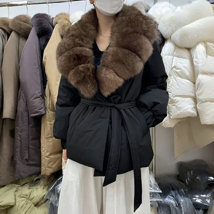Women Down Jackets Real Large Fox Fur Collar Outerwear Real Fur Coat Winter Jacket New Belt Loose Puffer Parka