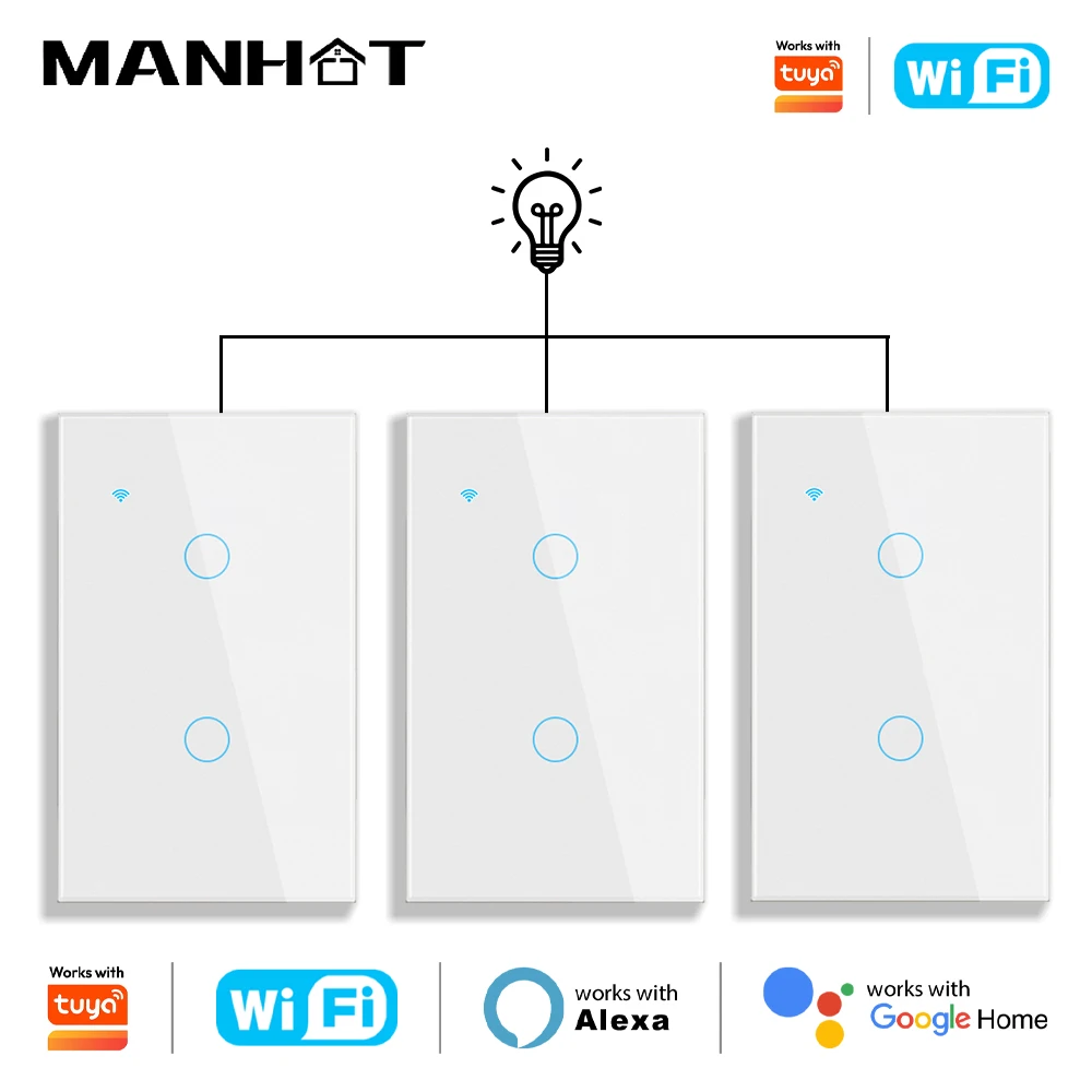 

WIFI US Smart Light Switches 1/2/3Gang 2Way Wall Touch Switches LED Sensor Tempered Glass Panel Work With Tuya Google Home Alexa