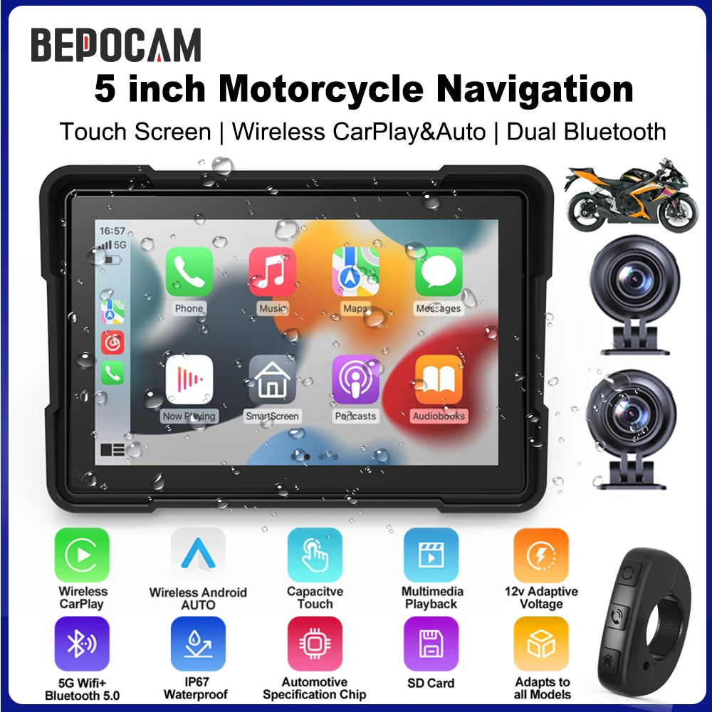 

Портативный 5-дюймовый GPS-навигатор BEPOCAM для мотоциклов, водонепроницаемый, с беспроводным Carplay и Android Auto, видеорегистратор, монитор для мотоциклов BMW