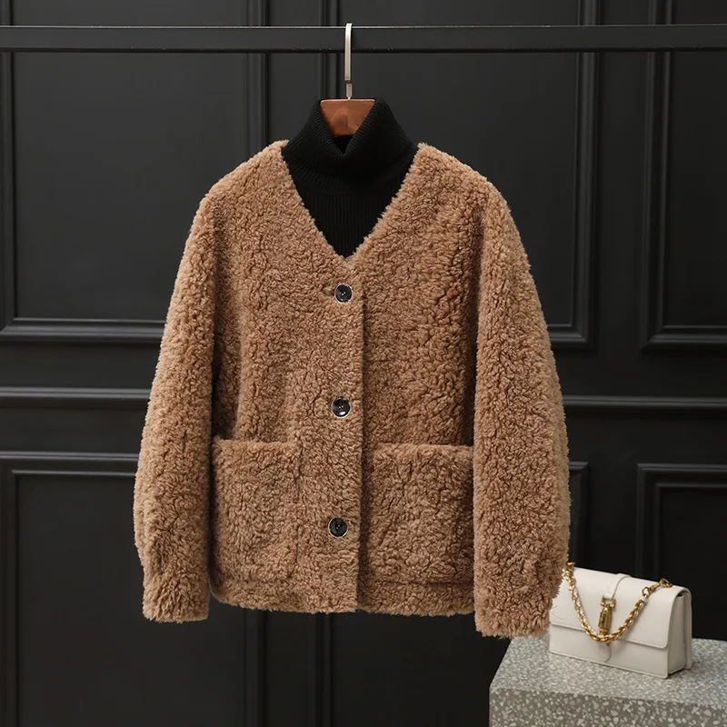 

AYUNSUE 100% Wool Coat Women Autumn Winter Clothes Woman V-neck Sheep Shearling Jacket New in Coats Пальто Женское Composite Fur