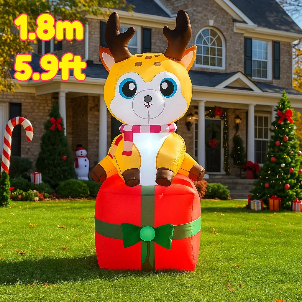 6フィートのクリスマスデコレーション、プレゼントボックスに立つ膨らませるおもちゃのトナカイ、キュートな動物の家の庭のクリスマスLEDライトデコレーション、クリスマスおもちゃ