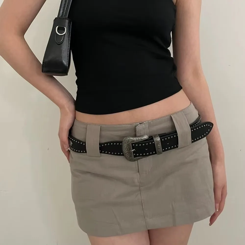

New Y2K Black Rivet Belt American Style PU Vintage Belt Waist Seal Adjustable Pin Buckle Waistband Leather Wide Belt Gifts
