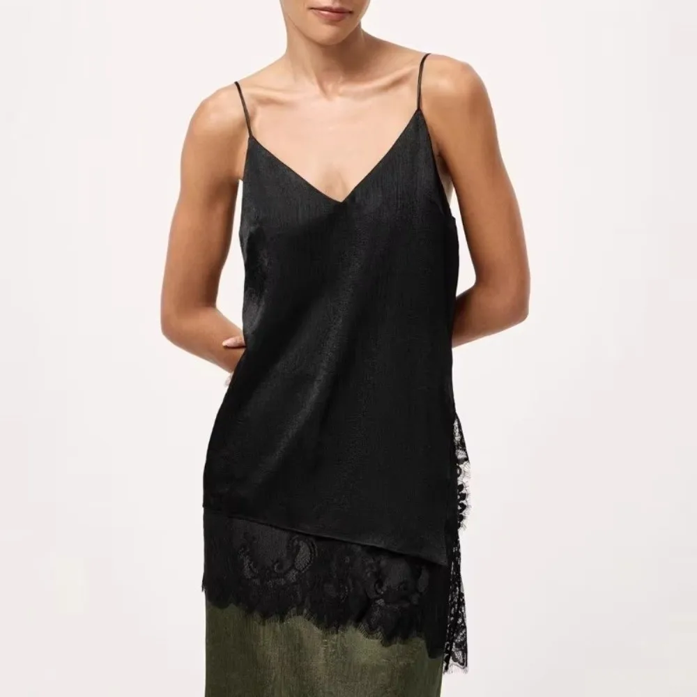 Trendiges asymmetrisches Spitzen-Patchwork-Top, sexy Spitzen-Top ohne Ärmel, rückenfreies, elegantes Damen-Tanktop, Partykleid