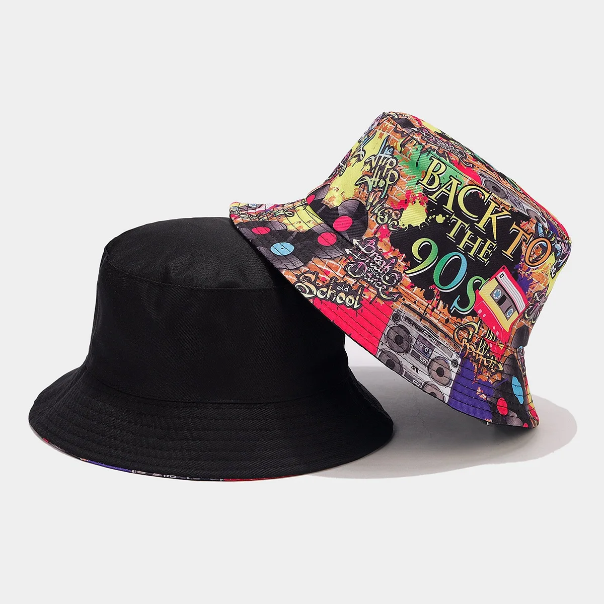 Summer Vintage 80 90 Party Graffiti Bucket Hat Men Women Reversible Panama European  American Classics Bob Fishing Beach Sun Hat