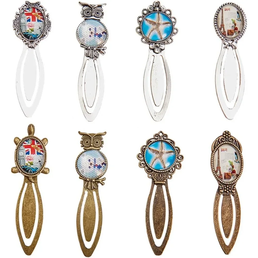 16PCS 8 Styles Mixed Color Bookmark Pendant Tray Kit Include 8pcs Oval Round Metal Bookmark Cabochon Setting with 8pcs Clear