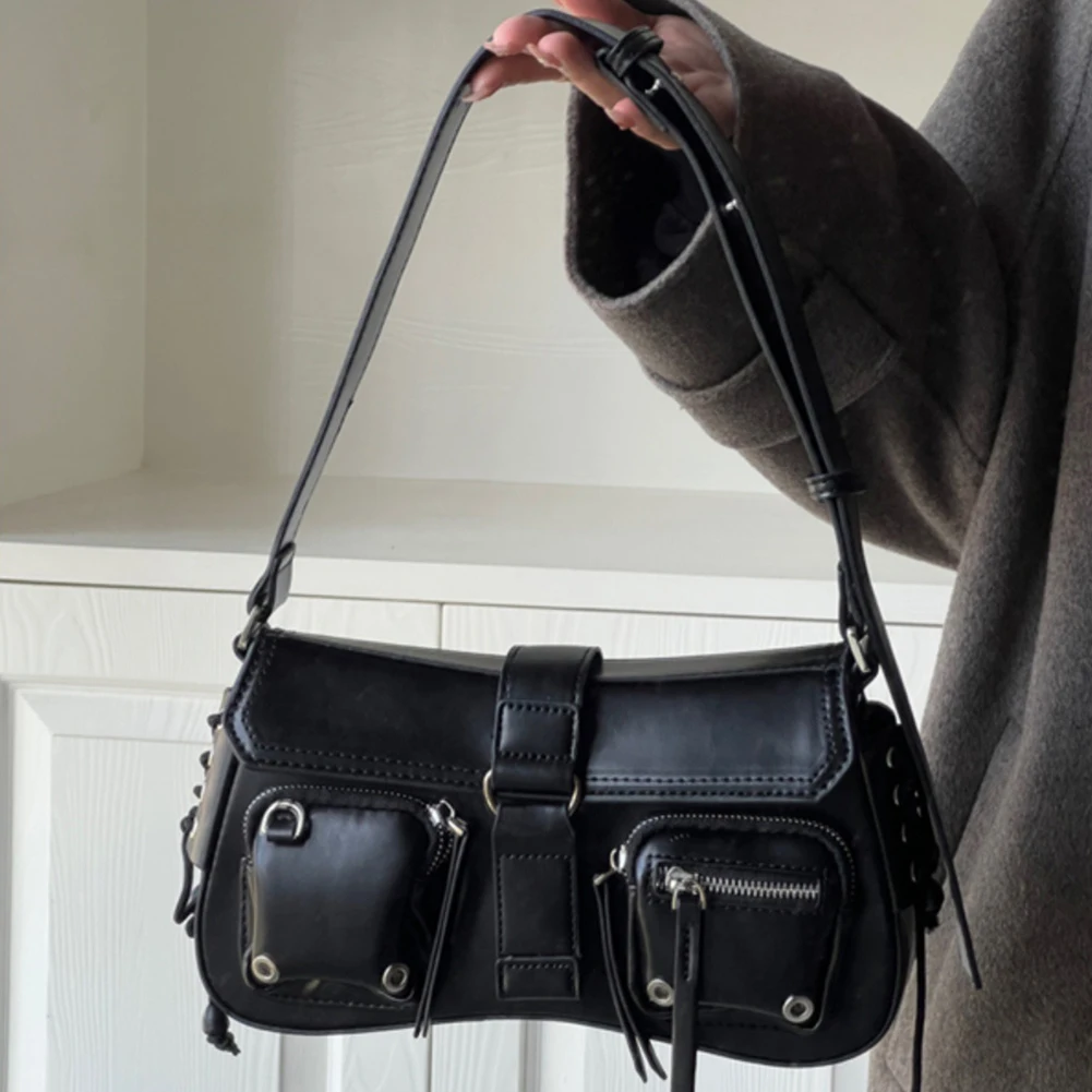 Women Vintage Underarm Bag PU Leather Solid Color Bag Multipocket Y2K Adjustable Strap Female Commute Daily Bag image 2