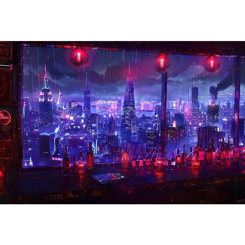 2026 frameless Cyberpunk Night City Landscape Poster Future Neon Lights Bar Design Canvas Wall Art for Living Room Home Decor