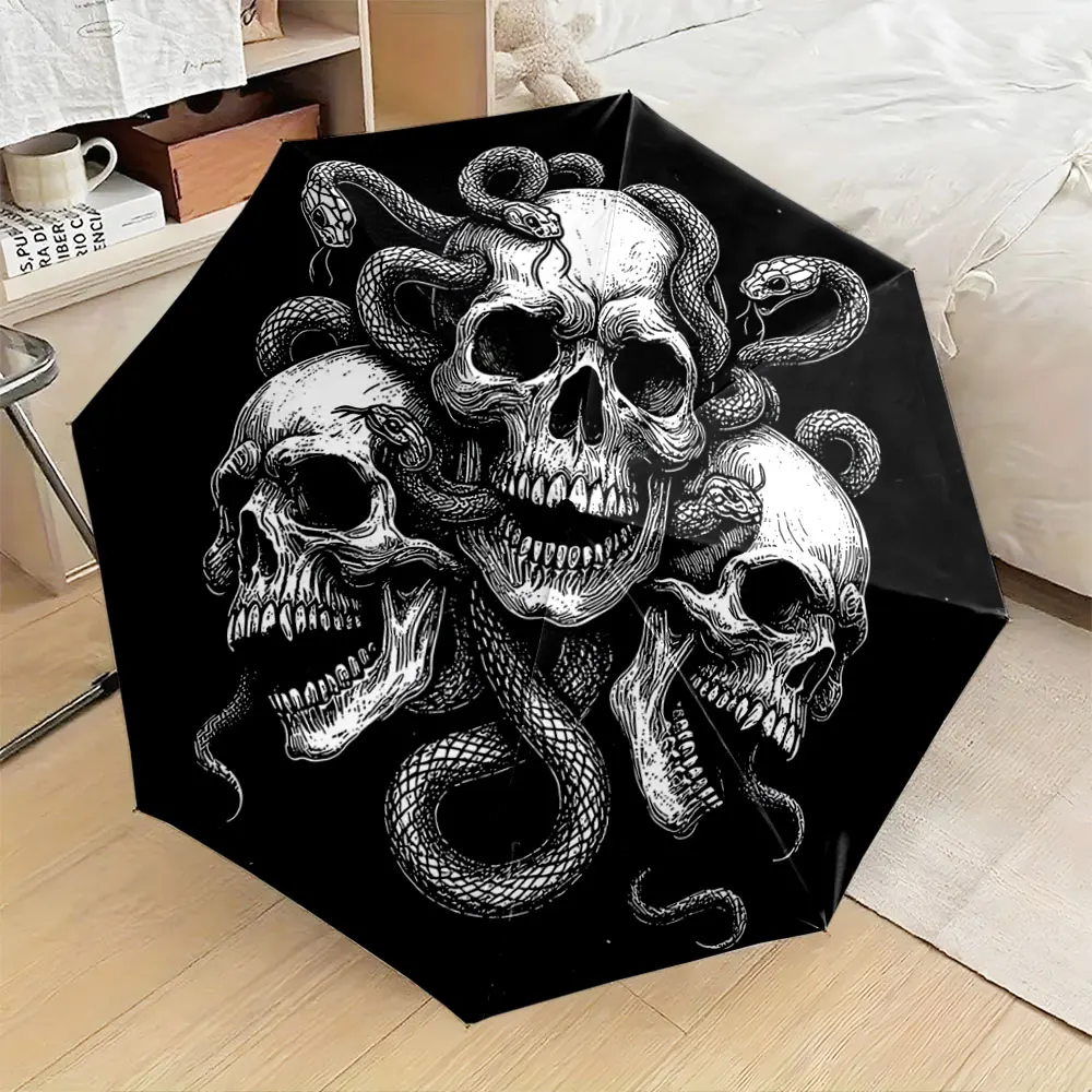 1PC Dark Gothic Skull and Snake Umbrella Design Print 8 Iron Ribs Folding Umbrella Auto-Open Fashion Sunshade