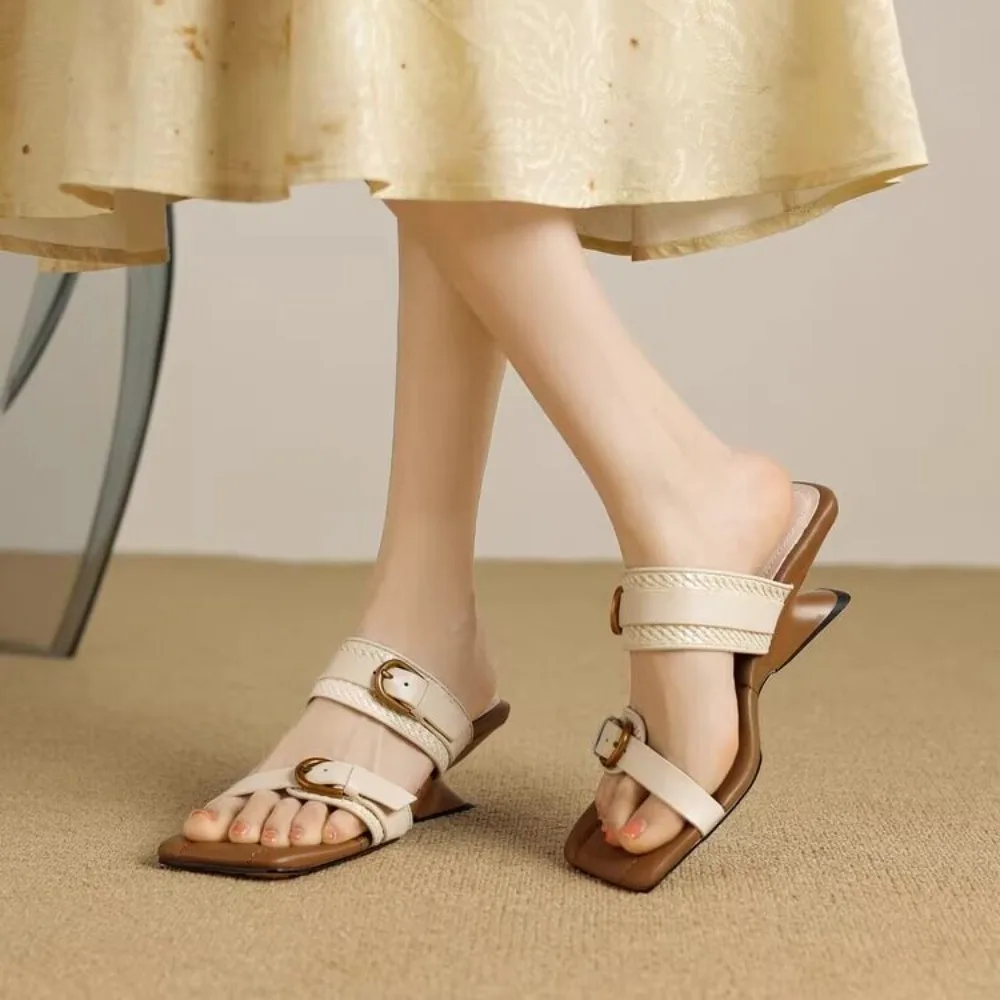 Vintage Braided Belt Buckle Open Toe Wedges Women's Sandals Summer New Square-toed Outdoor High-heeled Slippers view 3