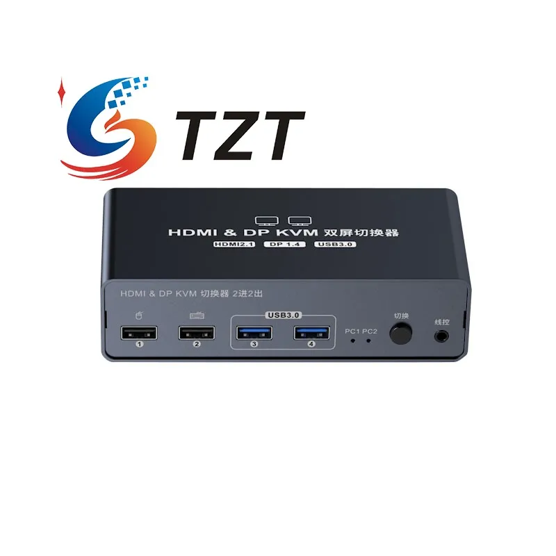 TZT VPFET HDMI-compatible/DP + DP Interface KVM Switch Double Display Working Mode 8K 60Hz UHD Switch Support USB3.0 Expansion