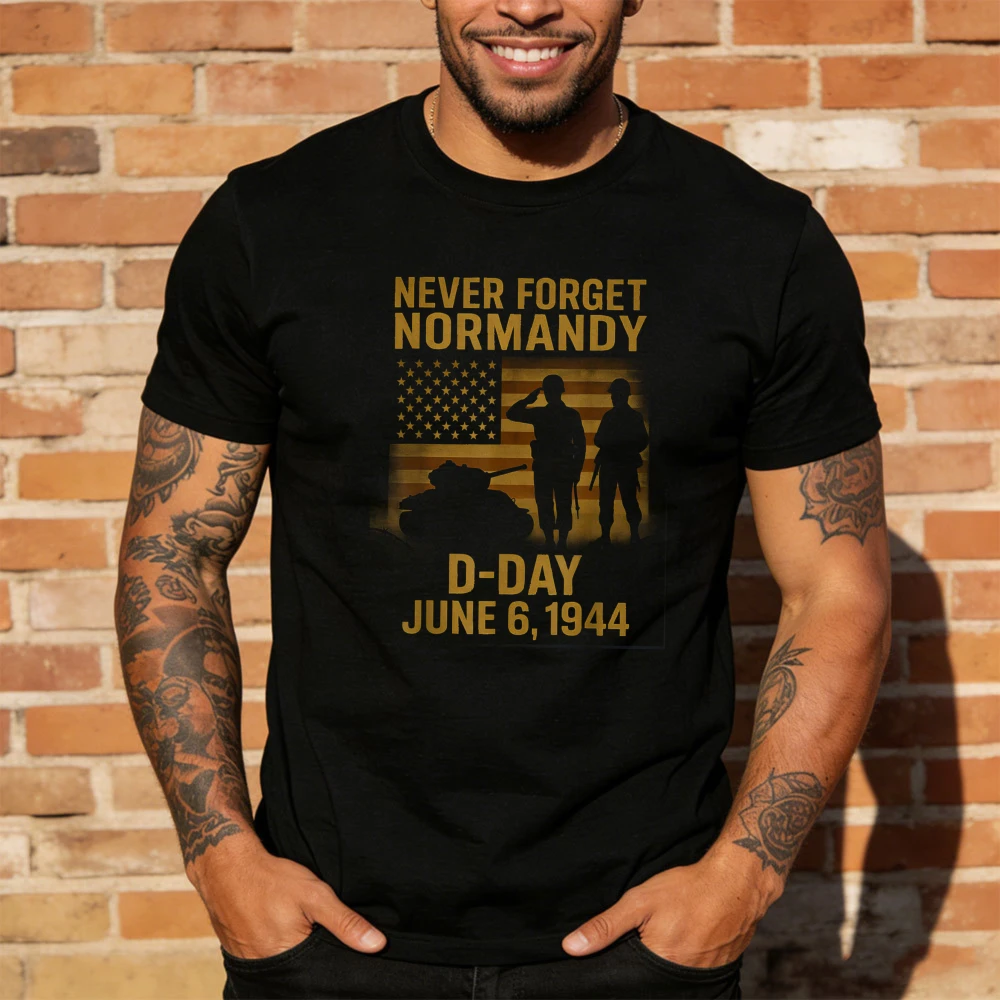 Vintage Never Forget Normandy D-Day T-Shirt Flag Soldier Silhouette Print Shirt Patriotic Memorial Unisex Tee Men Summer Tops
