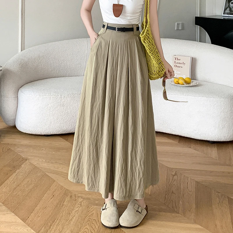

2025 New Spring Summer Casual Cotton Linen Long Skirts Women Fashion High Waist A-line Pleated Skirt Ladies Umbrella Skirts