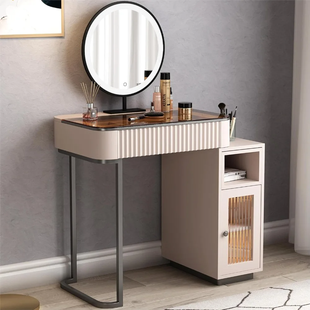 tr-Makeup Vanity, Makeup Vanity with LED Makeup , Three Adjustable Light Levels, Tempered Teal Glass countertop, Customized-