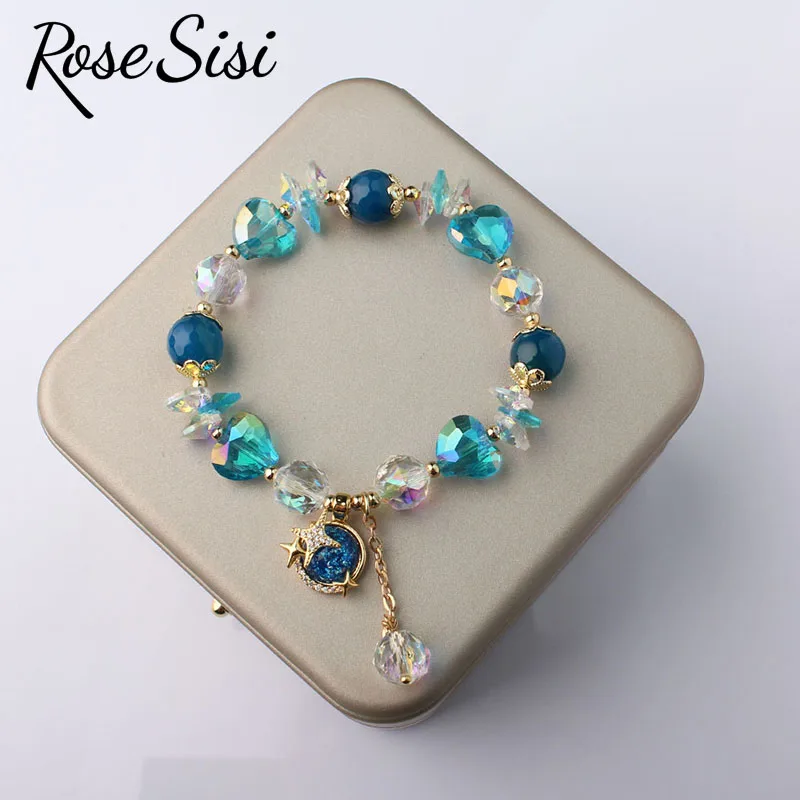 Rose sisi Korean version of fresh ocean wind blue crystal bracelet for women faceted beads dolphin heart-shaped pendant jewelry