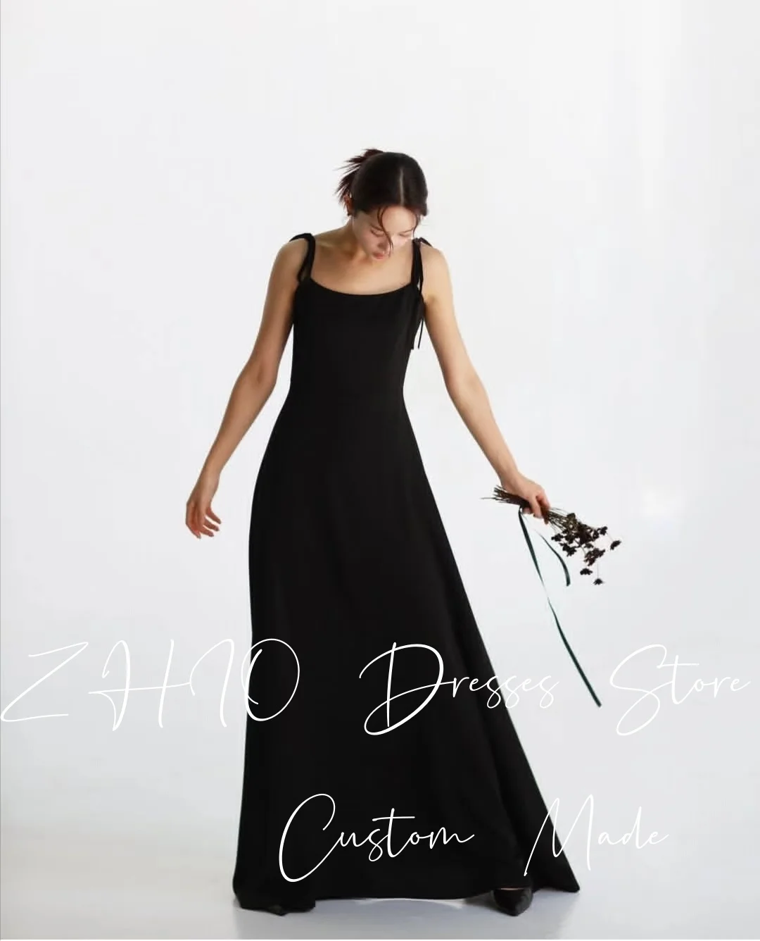 ZHIO فستان حفلات الزفاف الأسود البسيط لون مربع القوس السباغيتي حزام الساتان ألف خط كوريا صورة تبادل لاطلاق النار فستان زفاف Cutsomize