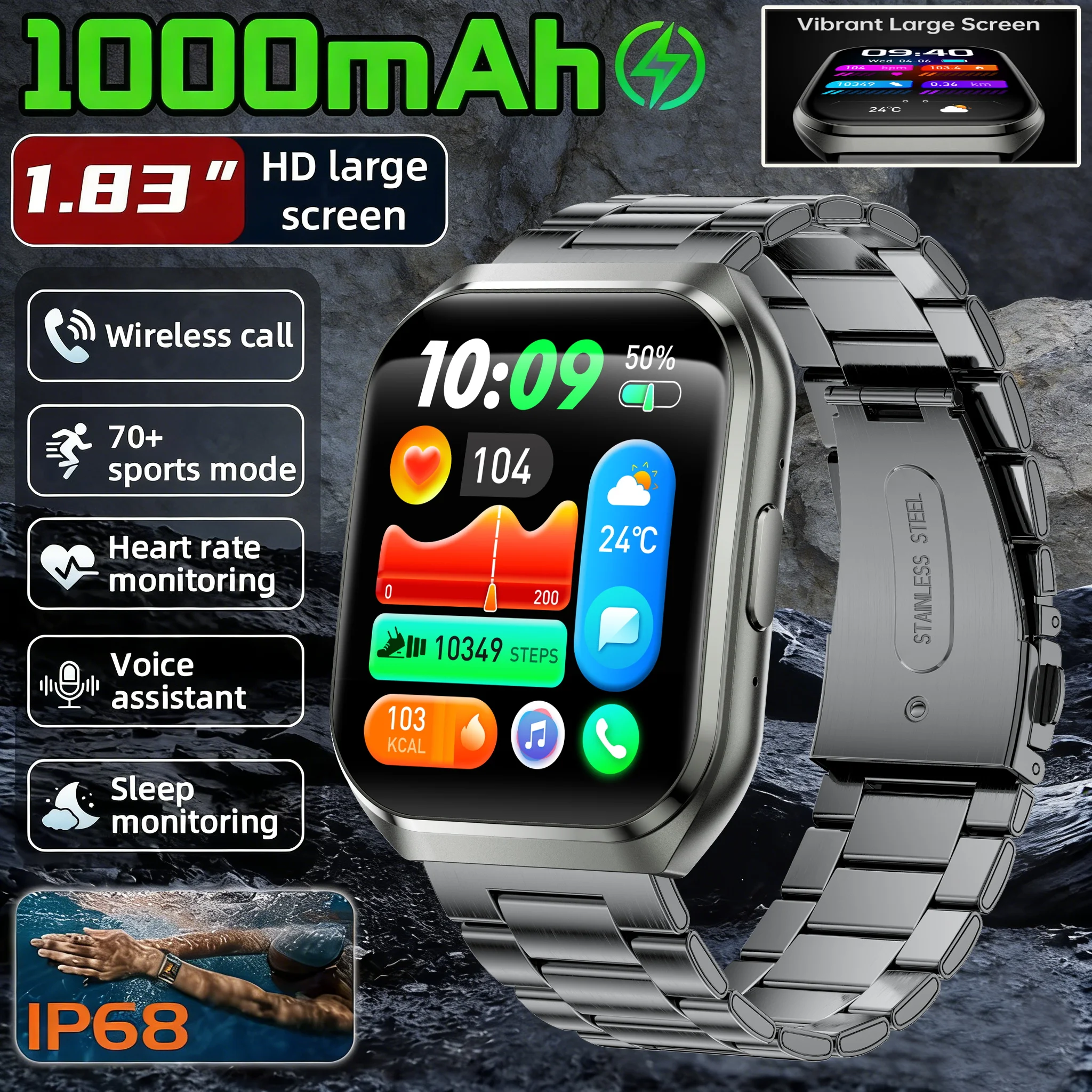 

1000mAh Battery Smart Watch IP68 Waterproof Bluetooth Call 1.83" HD Men Sports Blood Oxygen Smartwatch 2026 New