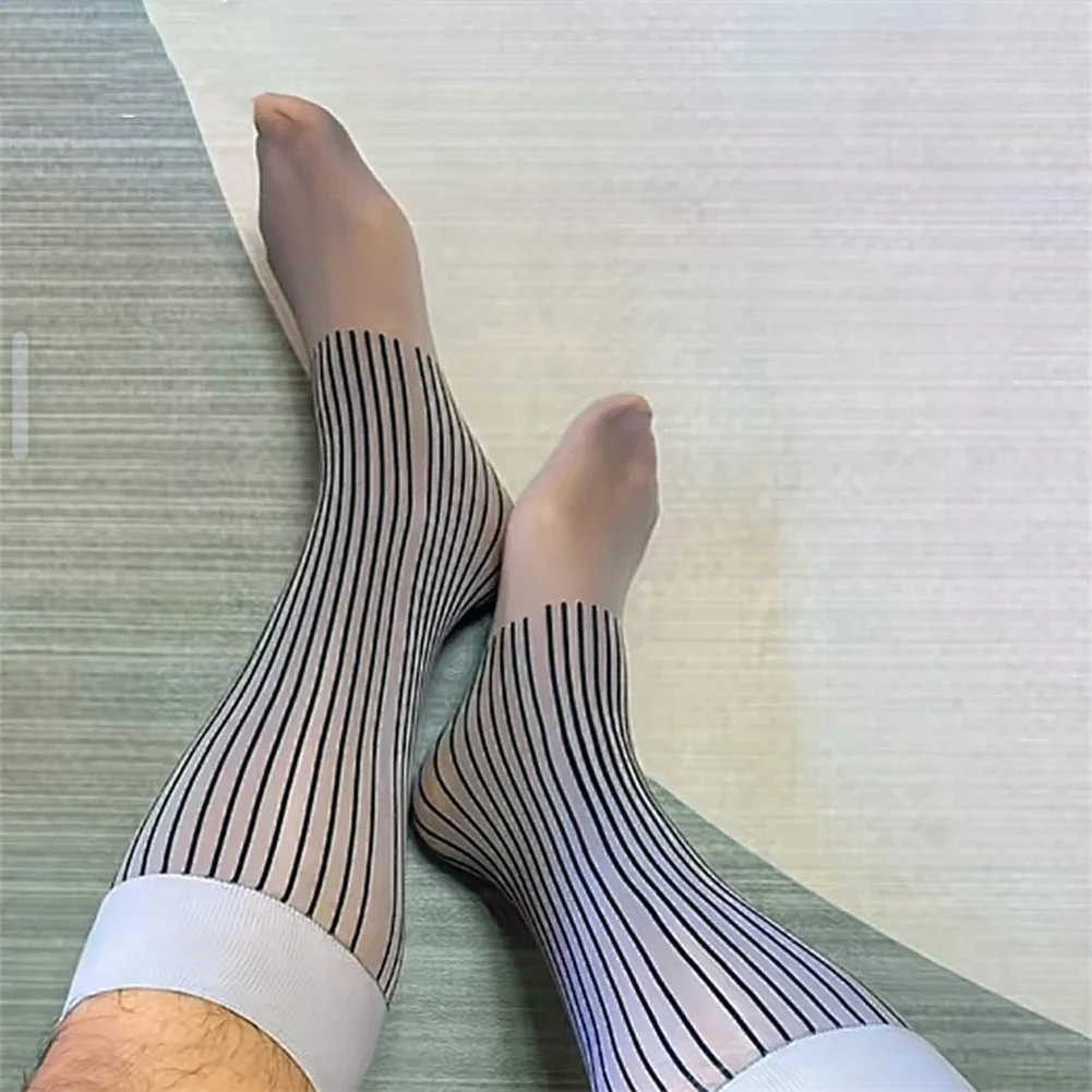 1 Pair Hot Sale Men Striped Dress Tube Sheer Stockings Sexy Summer Ultrathin Casual Business Socks Middle Tube