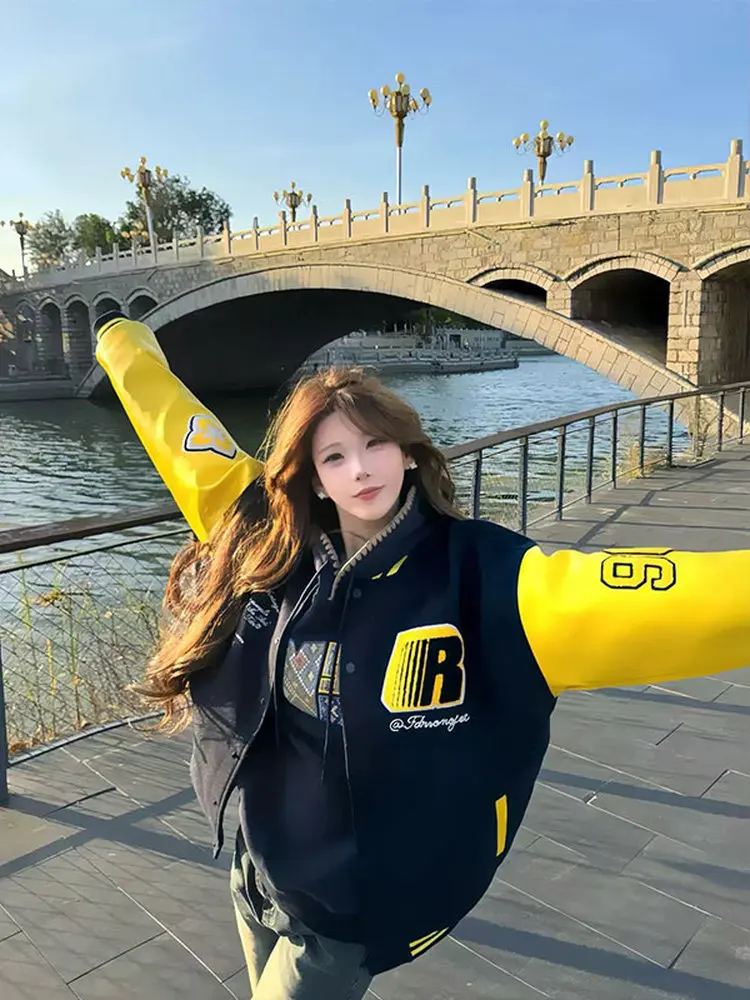 

Baseball Jackets Oversized Womens Winter Flaps Adventure Business Fishbone Grid Liner Inside Zip-Up Bow Drawstring Harajuku Chic