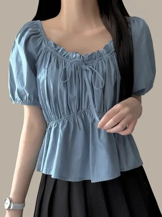 Korean Sle Sweet Spicy ort Sve Women's irt Summer New Lobone One oulder Bubble Sve Waist Inward Denim Top Trendy