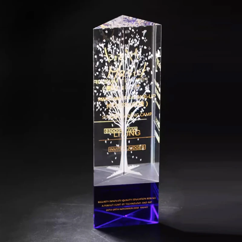 Customized Triangle pillar Crystal Trophy, Excellent Staff Company Annual Meeting Awards, Home Decoration Blue crystal base, 1Pc