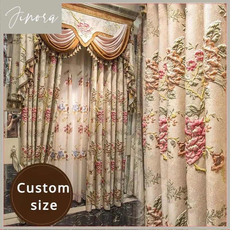 Custom Size European Embossed Embroidered Luxury Curtains For Living Room Bedroom Dining Blackout Window Decor Tulle Valance