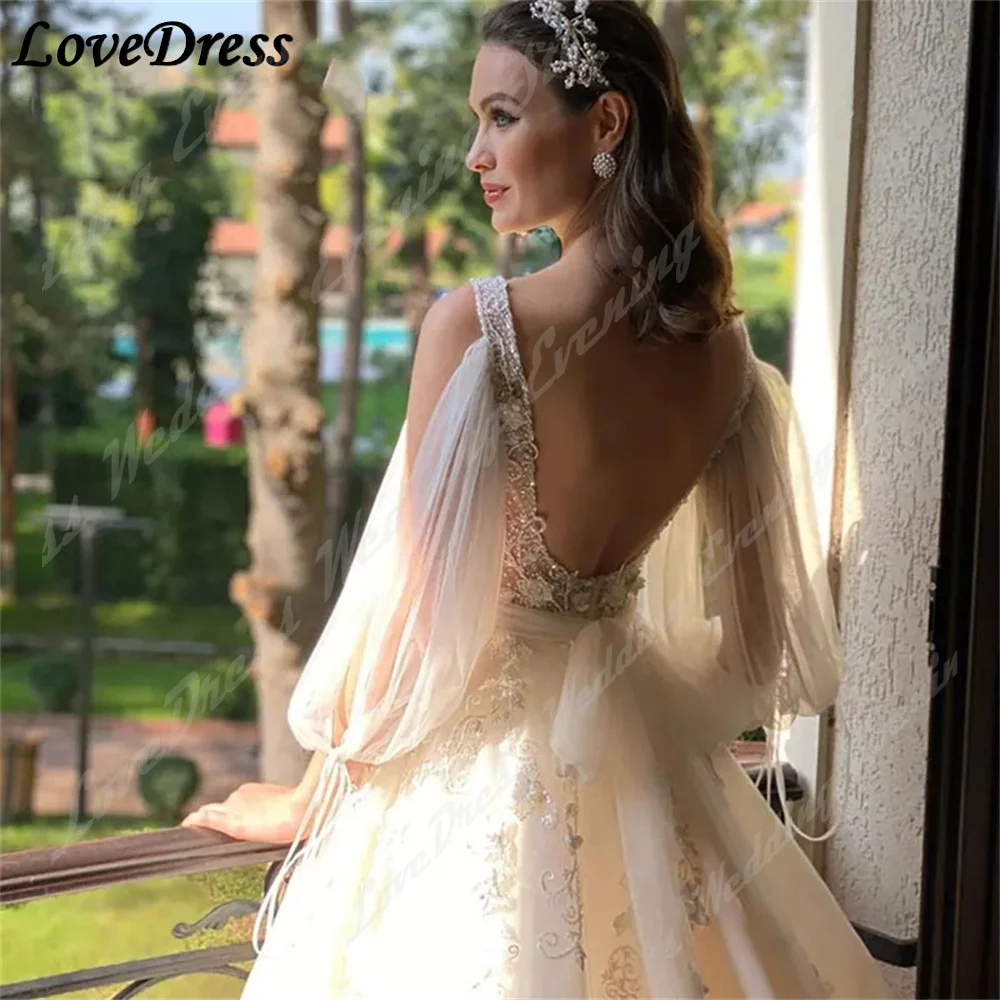 Простое свадебное платье А-силуэта LoveDress с длинными рукавами-фонариками и кружевной аппликацией из тюля, женское пляжное платье