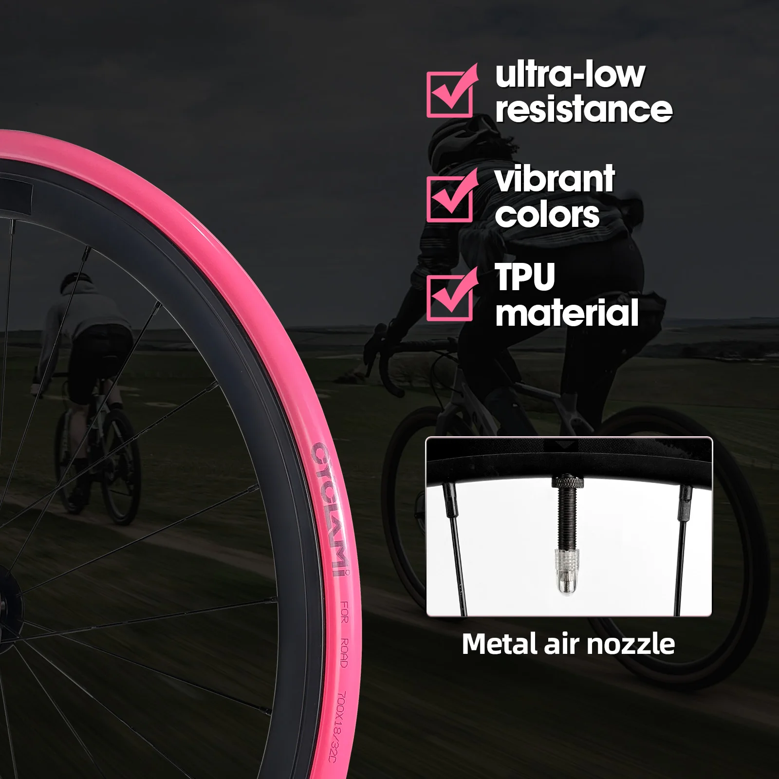 CYCLAMI Hochwertige TPU Fahrradschlauch 700C X 18 23 25 28 30 32 Rennrad TPU-Material Reifen 65mm Französisches Metallventil – Detail 7