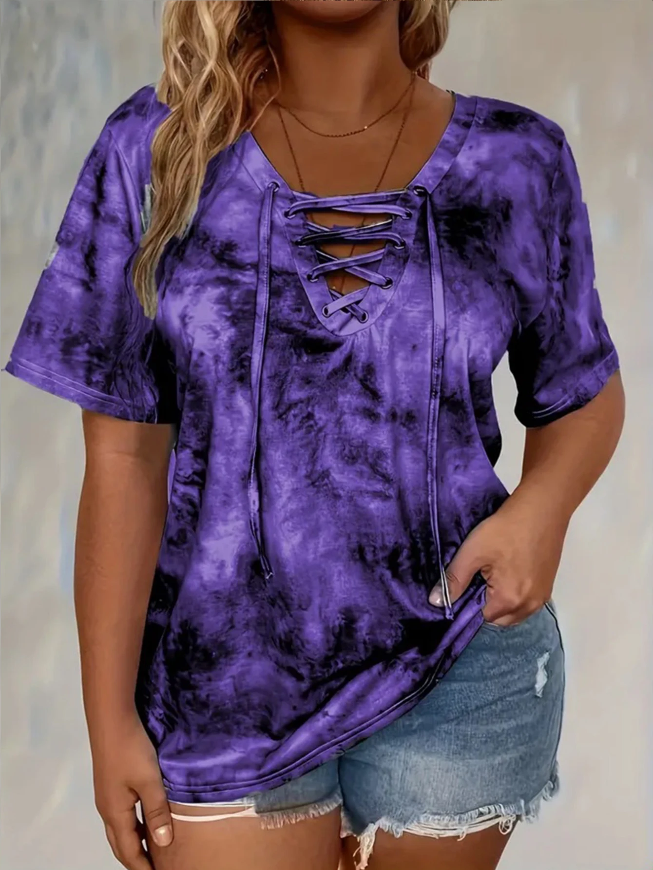 Plus size tie-dye printed short-sleeved T-shirt elegant lace-up hanging collar design top spring and summer casual style
