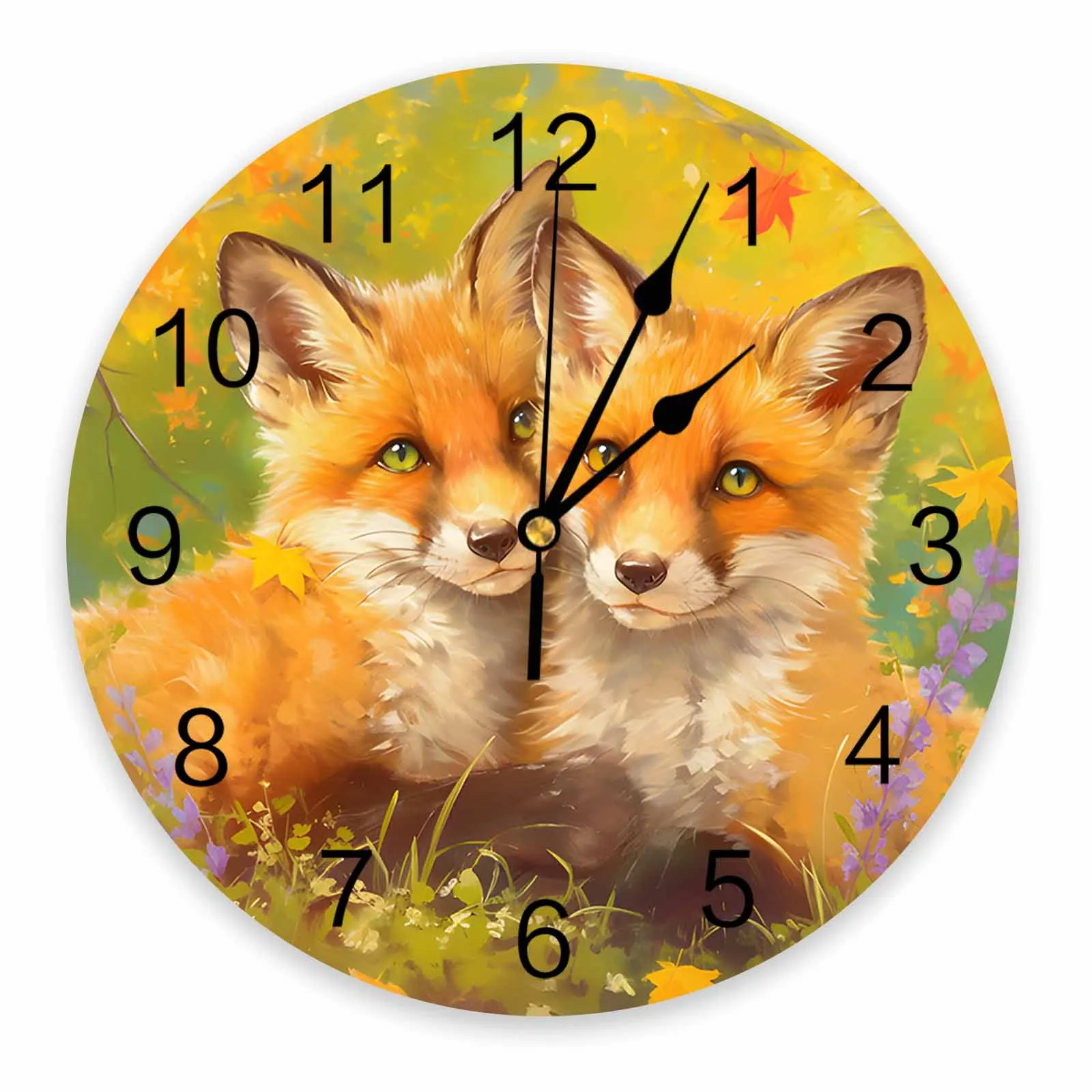 Two Foxes With Maple Leaves In Autumn Printed Wall Clock Modern Silent Clock Living Room Home Decor Wall Hanging Watch