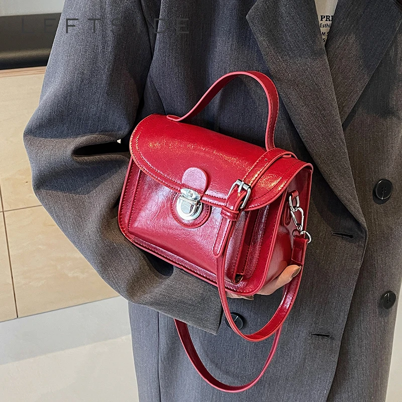 LEFTSIDE Leather Retro Mini Crossbody Bag with Short Handle for Women 2024 Korean Fashion Red Handbags and Purses Shoulder Bag