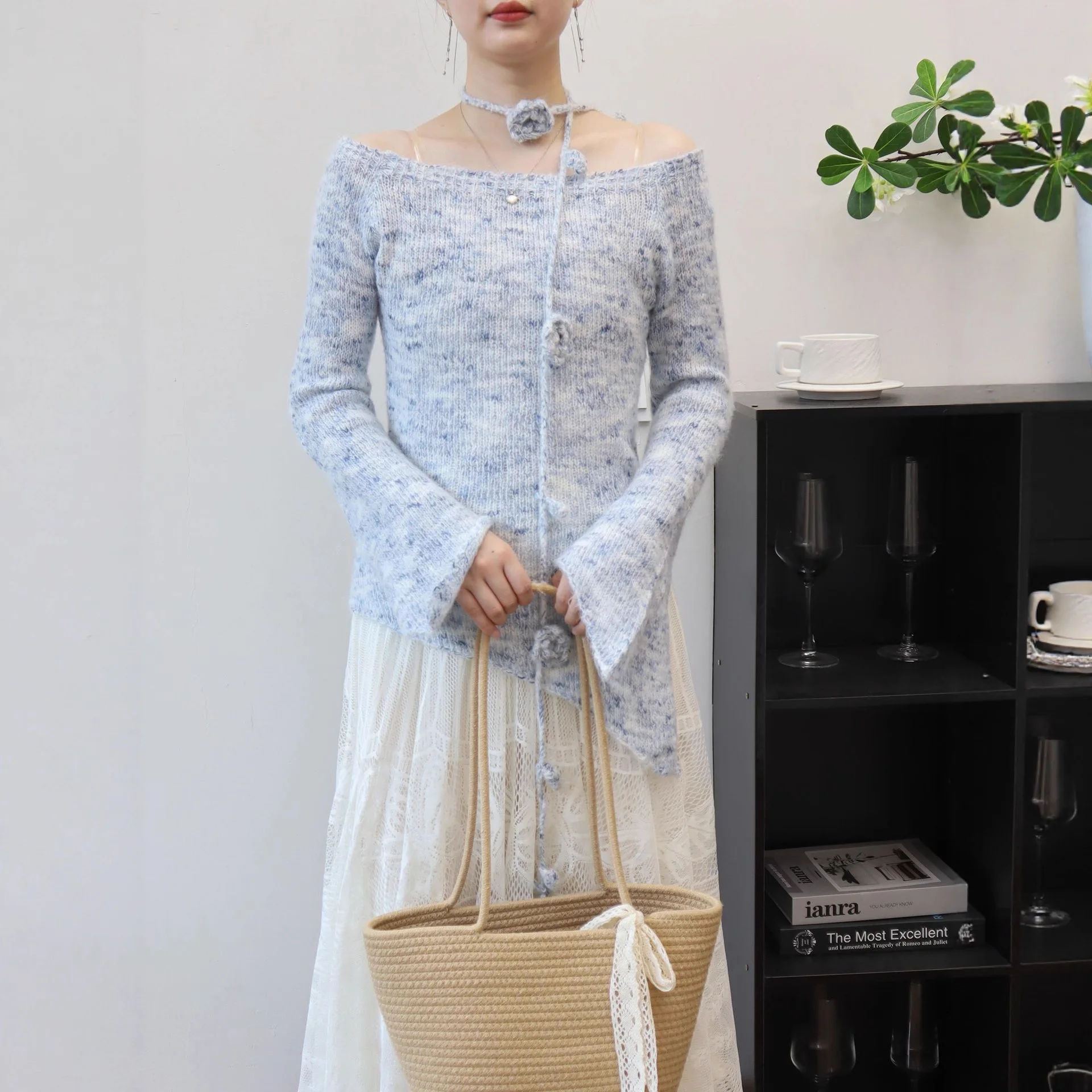 

Knitted Pullovers Sweaters Women Jumpers Streamer Ribbon Flower Slash Neck Long Sleeves Slim Fit Casual Office Lady 2025 Autumn