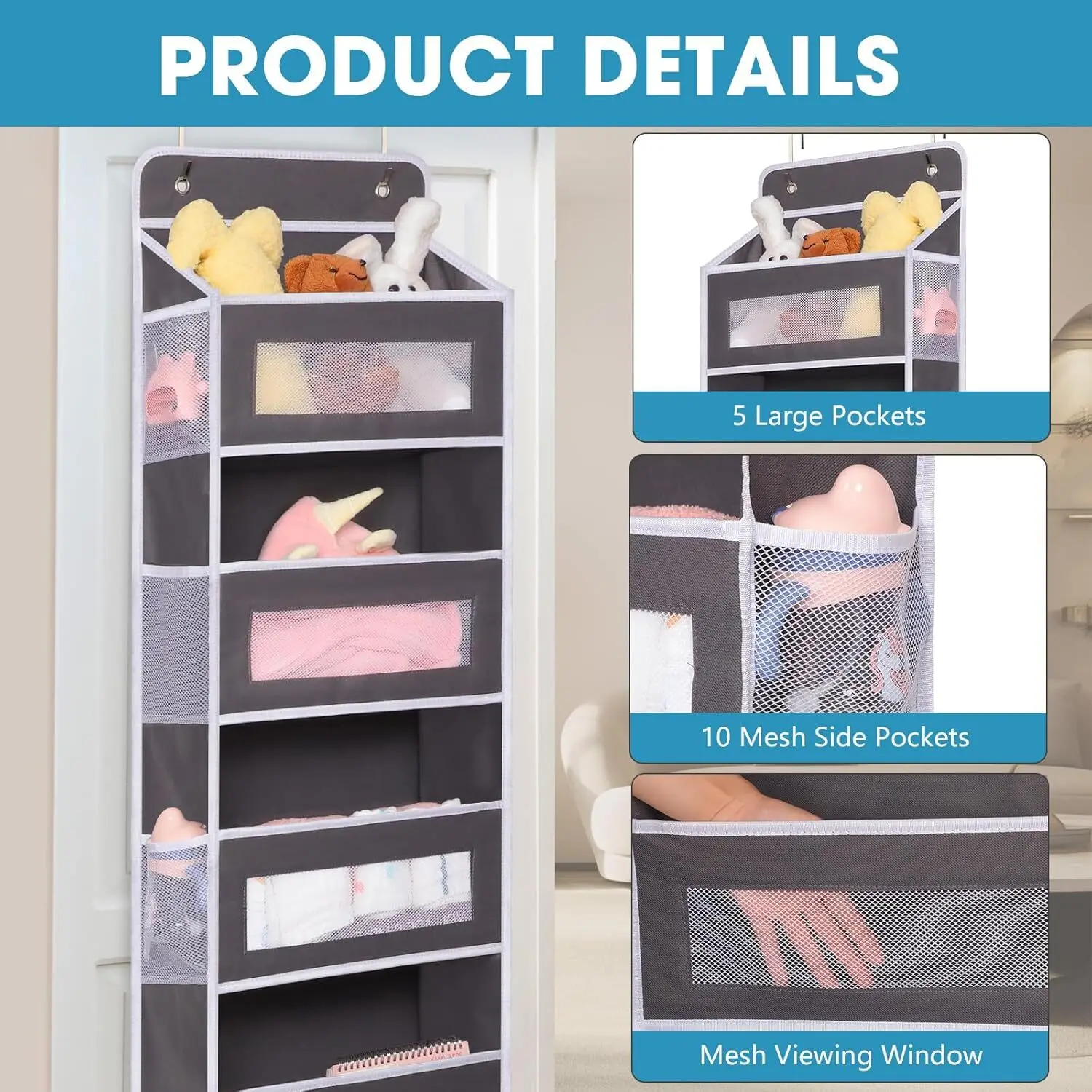 5-Tier Diaper Organizer Hanging Storage Bag with 10 Pockets, Door Hanging Oxford Portable Diaper Caddy for Baby Shower Gift