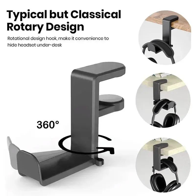 No Punch Table Clip Hook Headphone Stand Clips 360 Degree Rotating Foldable Gaming Headset Hanger Hook Under Desk Earphone Stand