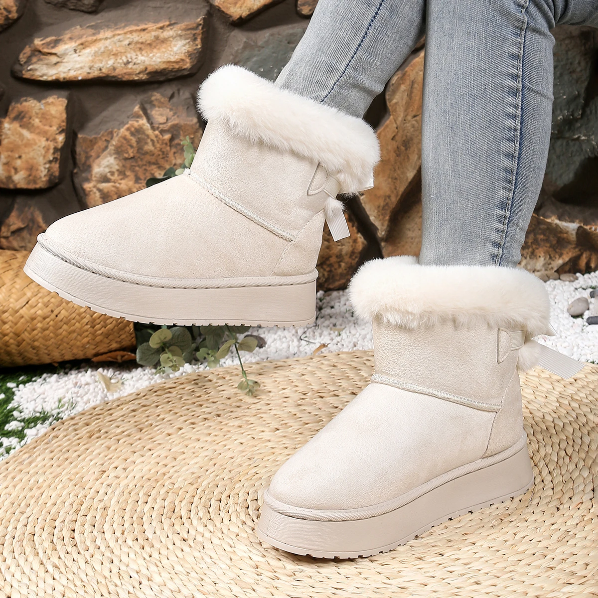 Botas de mujer de goma versión mejorada zapatos de mujer Otoño Invierno botas de nieve de fondo grueso botas cortas cálidas de piel con Nudo de mariposa para mujer