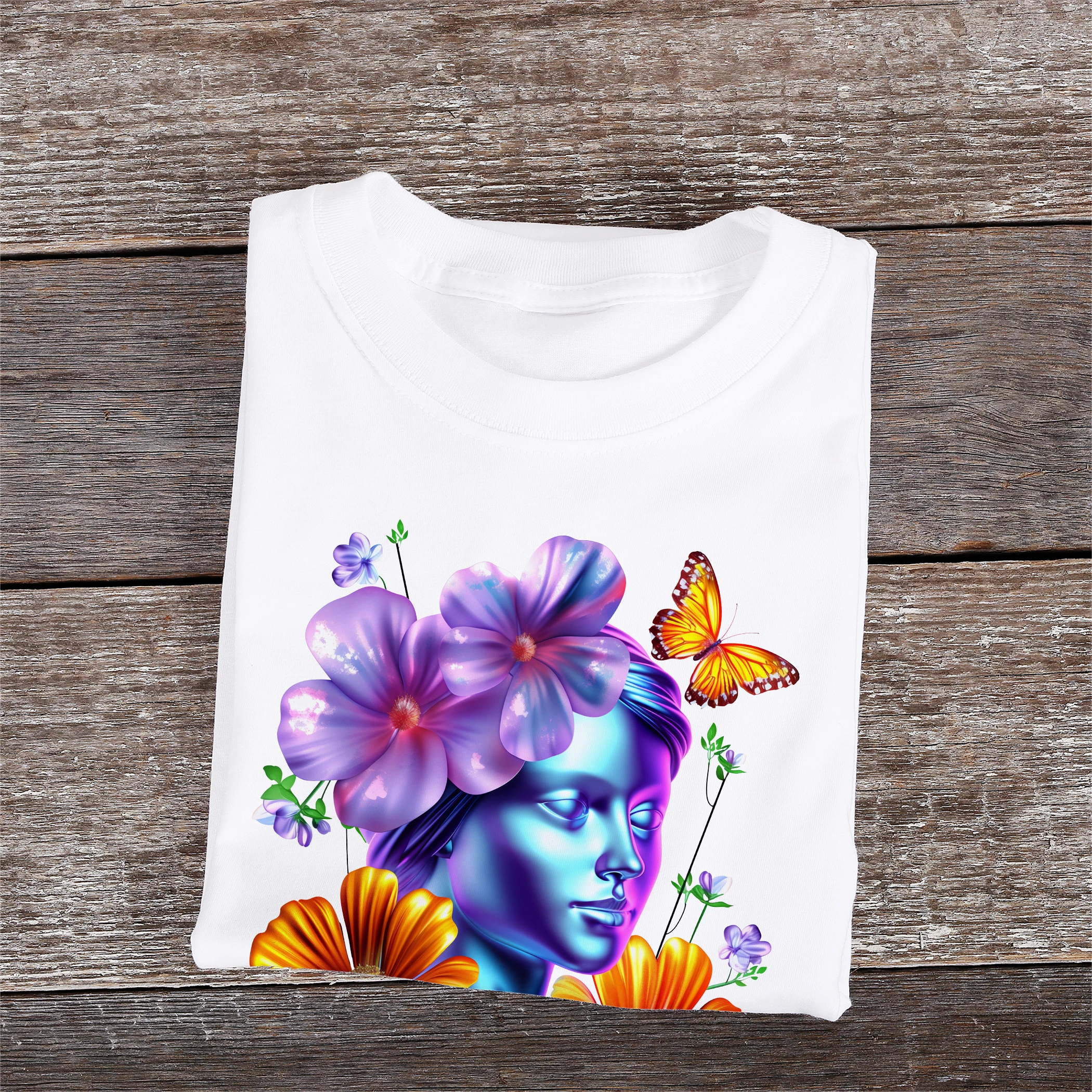 100% Cotton White T-Shirts 3d holographic woman and flowers ilustration Artistic flavor Printed T-shirt