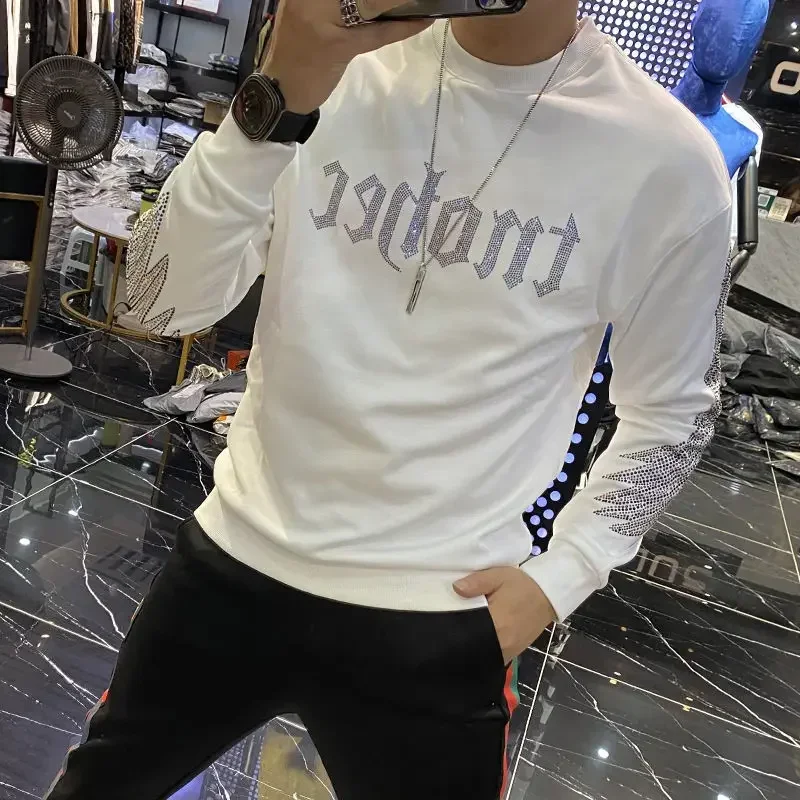 Men\'s Clothing Pullover Diamond Fleeced Sweatshirts for Man Round Neck Crewneck Slim Fit Hoodieless Top Harajuku Fashion Funny