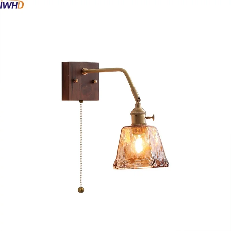 

IWHD Amber Glass LED Wall Light Fixtures Home Decor Bar Bedroom Living Room Modern Bedside Lamp Sconce Pull Chain Switch