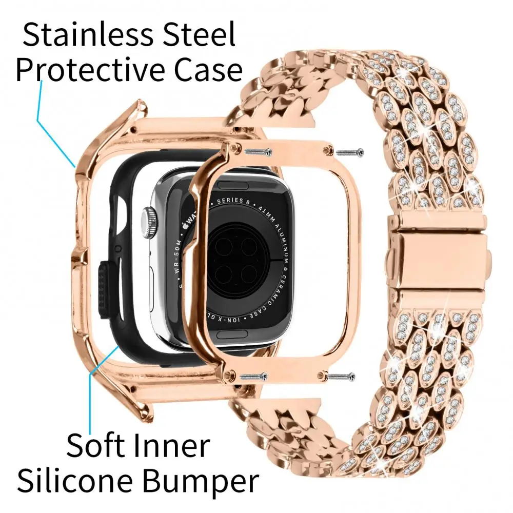 Bling Diamond Modification Kit Case+Strap For Apple Watch Band 41mm 40mm Women Fashion Metal Bracelet For iWatch SE 6 7 8 Cover