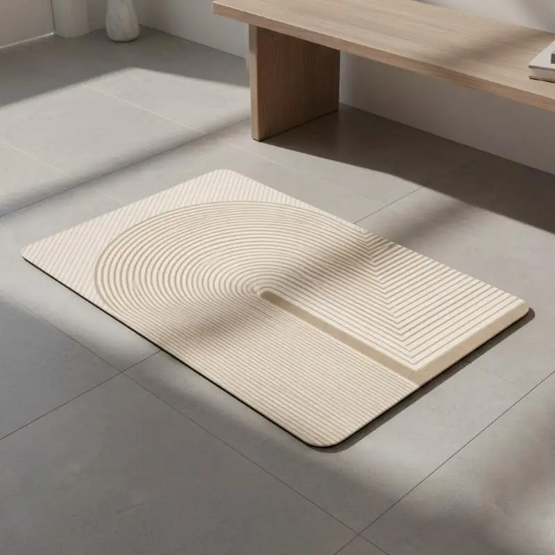 Beige Striped Diatomite Bath Mat Quick Dry Absorbent Non Slip Backing For Bathroom Entrance