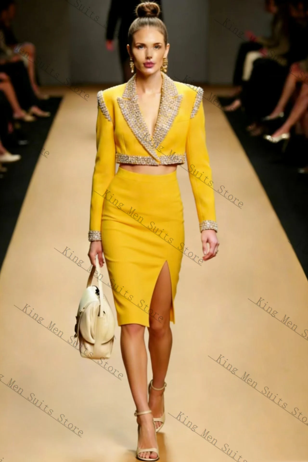 Yellow Crystals Women Suit Skirt Set 2 Pcs Blazer+Prom Dress Customized Formal Guest Wedding Tuxedos Coat Prom Party Jacket view 4