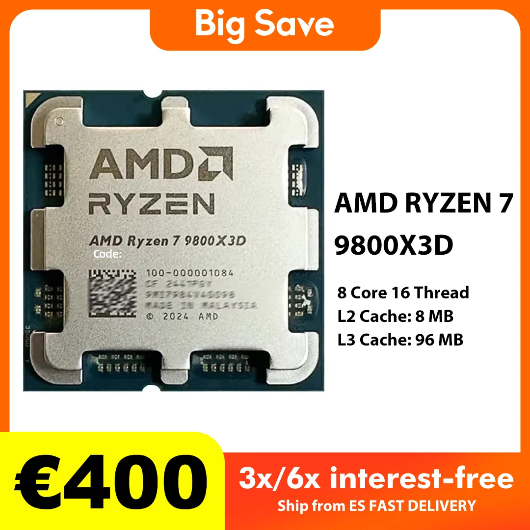 Processeur gaming AMD 9800X3D 8 cœurs 16 threads, jusqu'à 5,2 GHz de fréquence boost maximale, cache L3 96 Mo, TDP par défaut 120 W, architecture du processeur Zen 5