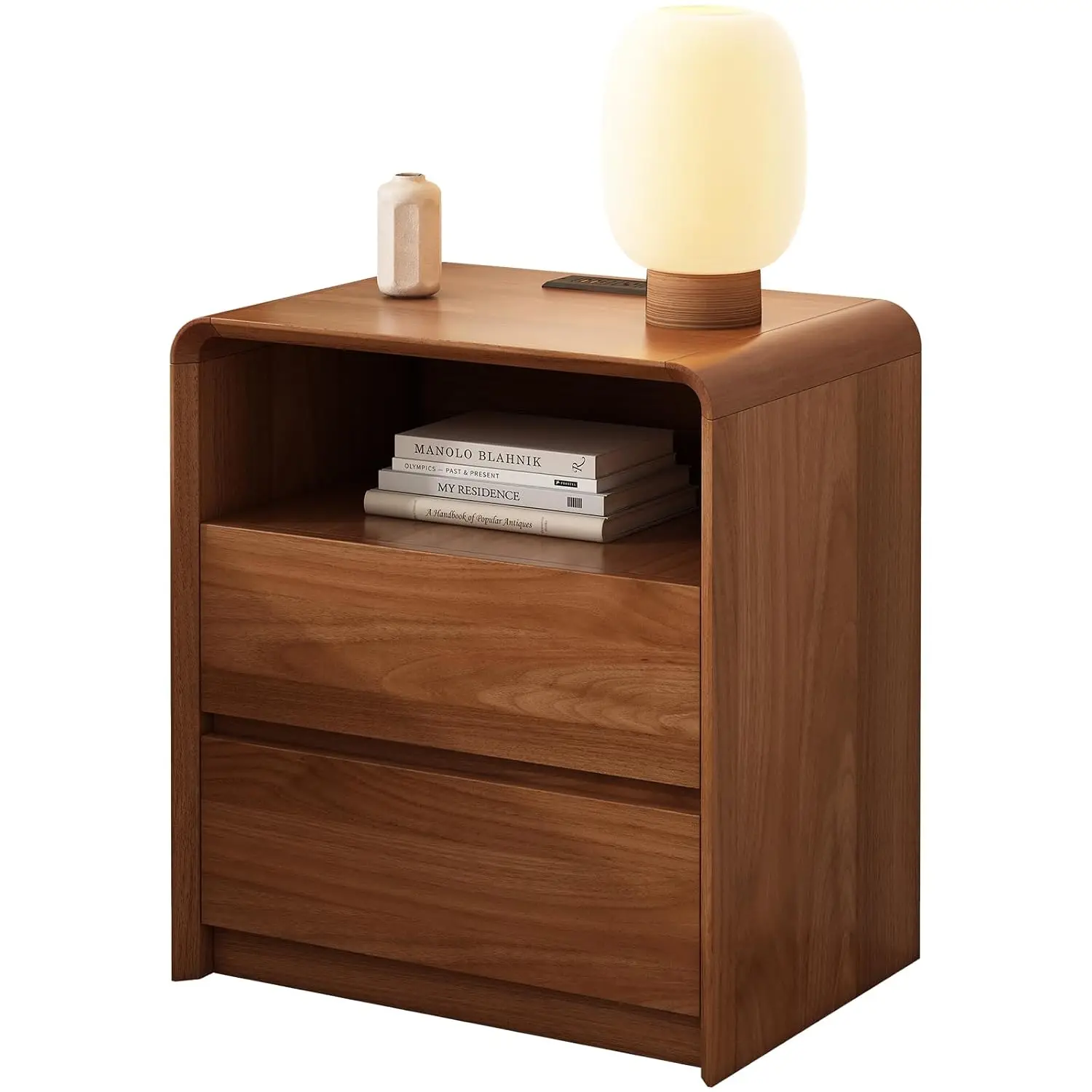 Walnut Nightstand with 2 Drawers & Charging Station, 21.6-Inch Wide Curved Anti-Collision Design for Bedroom, Customized