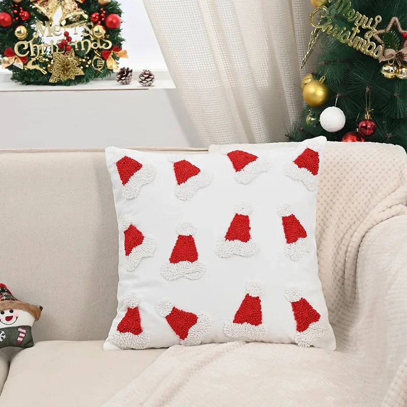 New Christmas Hat Cushion Cover Red and White Cartoon Tufted Embroidered Pillowcase Festival Living Room Joyful Pillow Cover