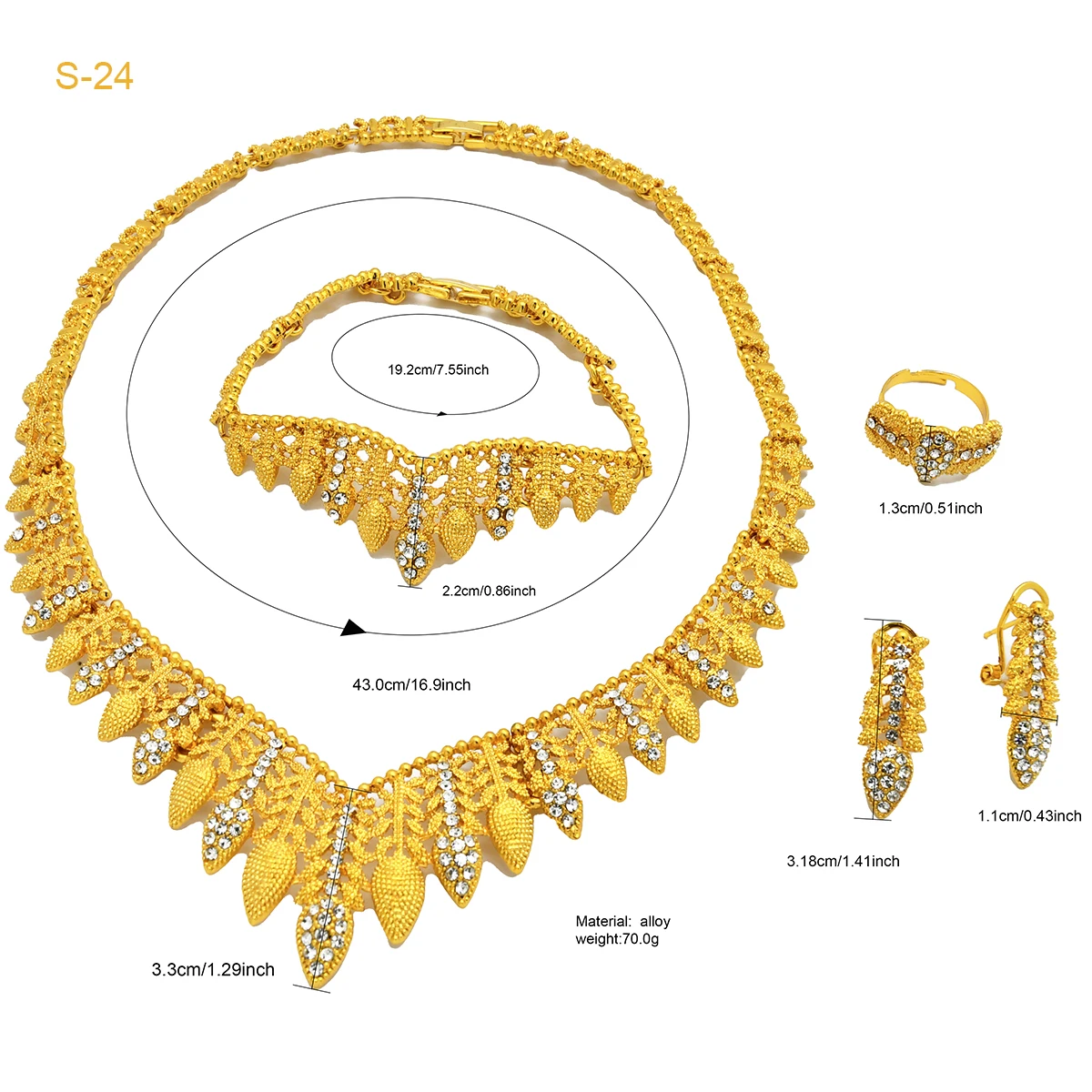 New Indian Luxury 24k Gold Plated Jewelry Sets For Women Arab Bridal Wedding Cystal Necklace Set Dubai Jewellery Gifts Wholesale