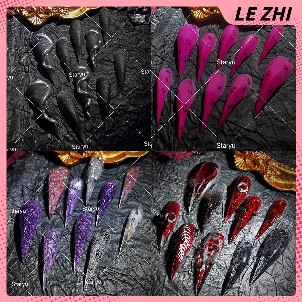 

Dark Gothic Spice Girl Handmade Long Beast Claw Press On Nails Leopard Print Cat Eyes Sequins Snowflake Rivets Full Cover Nails