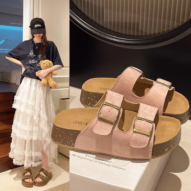 

Shoes Women's Flat Outdoor Beach Casual Slippers Thick Sole Leather Cork Sole Sandals and Slippers