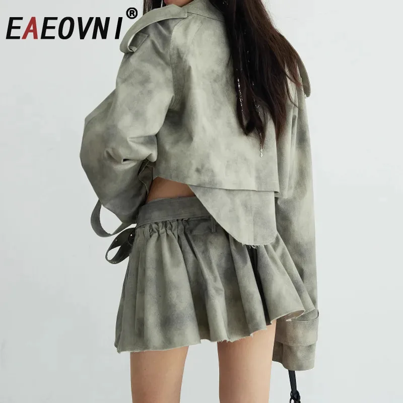 EAEOVNI Vintage Print Y2K Set For Women Short Long Sleeve Jacket  + Bandage A Line Mini Skirt Fashion 2025 Summer New 1A1122