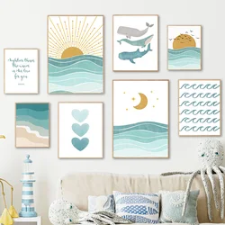 Whale Seagull Sun Moon Ocean Beach Waves Quote Nursery Wall Art Canvas Painting Posters And Prints Wall Pictures Kids Room Decor