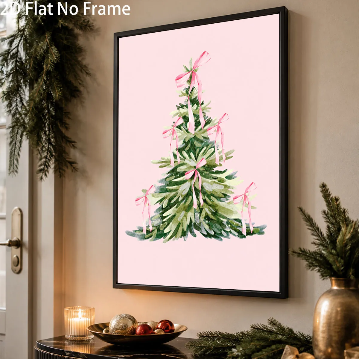 2D Flat, 2D Flat, 1pc Unframed Canvas Watercolor Christmas Tree with Pink Ribbons Scandinavian Style Printing Modern Home Dec
